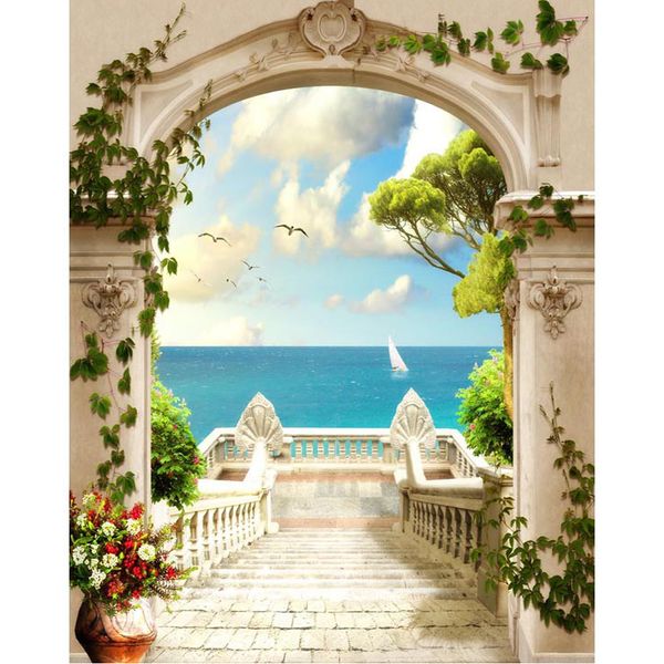 Retro-Pavillon-Bogen-Tür-Hochzeitsfotografie-Hintergrund, gedruckte grüne Ranken, Topfblumen, Treppen, Strand, malerische Fotohintergründe