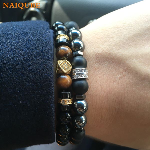 

whole salenaiqube 2018 new fashion pave cz cube charm bracelet 8mm stone bead bracelet for men women jewelry gift pulsera hombre, Golden;silver
