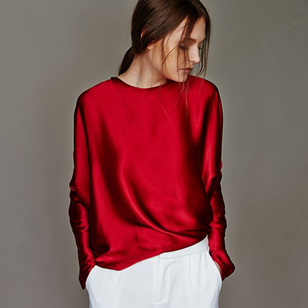 

100% silk blouse women shirt simple design o neck long sleeves 2 colors translucent fabric casual new fashion spring 2018, White