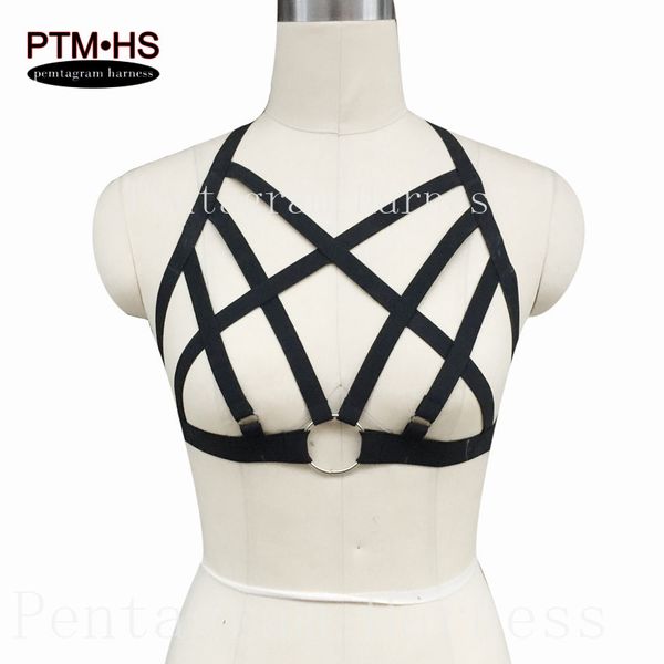 

pentagram harness goth bondage body harness cage bra womens black elastic strappy halter bra erotic garter belt, Black;white