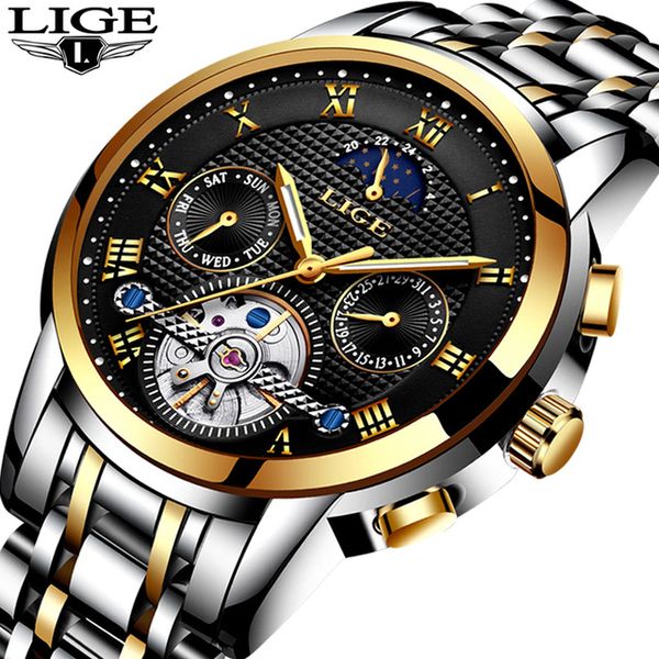 

lige mens watches automatic mechanical watch men full steel business waterproof sport watches relogio masculino, Slivery;brown