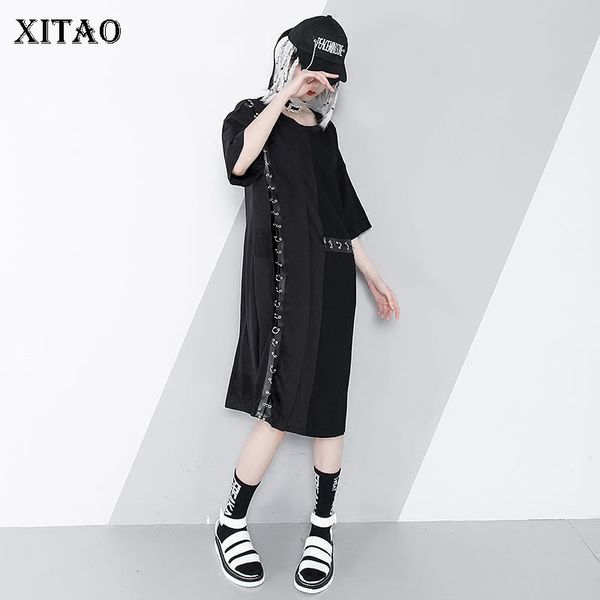 

xitao] vintage spring 2018 new arrival o-neck casual women dress patchwork hong kong half sleeve mid-calf fashion dress xww3459, White;black