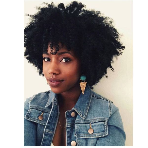 Venda quente Cabelo Brasileiro afro curto corte kinky Curly Peruca Simulação Cabelo Humano Peruca Encaracolado com bang para mulher frete grátis