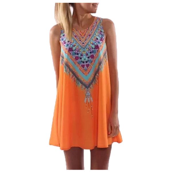 

vintage print women dress o -neck sleeveless casual dresses boho chiffon beach dress summer dress brand new vestidos wholesale, Black;gray