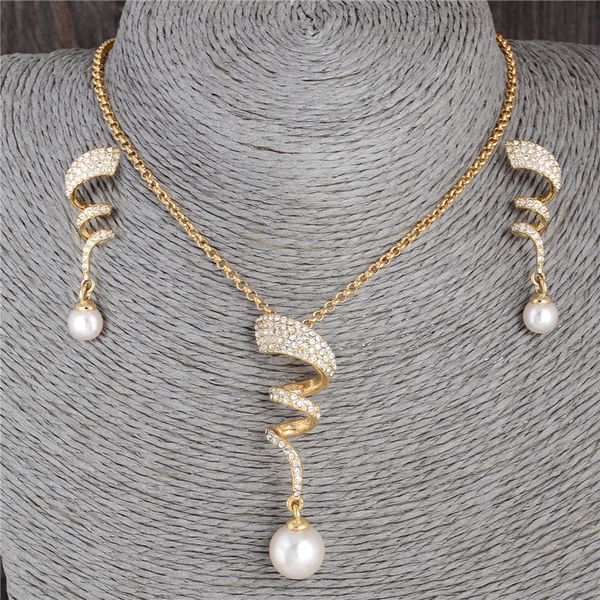 

whole saleh:hyde gold-color special imitation pearl attractive austrian crystal pendant necklace+ earrings wedding jewelry sets, Silver