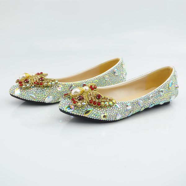 

new handmade ab crystal bling bling bride pregnant women flats round toe flat rhinestone pearl bowtie wedding shoes plus size, Black