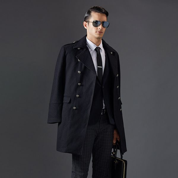 

autumn and winter long wool coat men's fashion lapel collar wool blend double-breasted pea jacket jacket men's brand coat xd546, Black