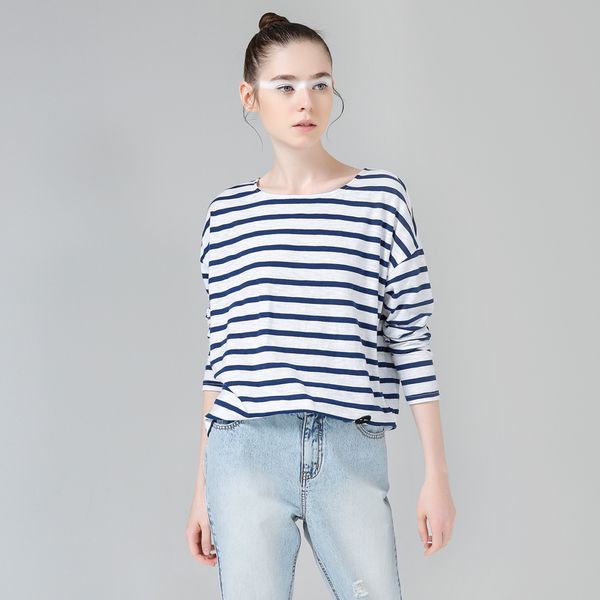 

cotton t-shirts spring women t -shirt stripe printed loose base casual long sleeve o -neck tees fashion female, White