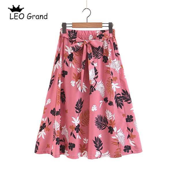 

leo grand women casual floral printed a line skirts chic split bow tie design high waist faldas summer midi skirts mujer 913060, Black