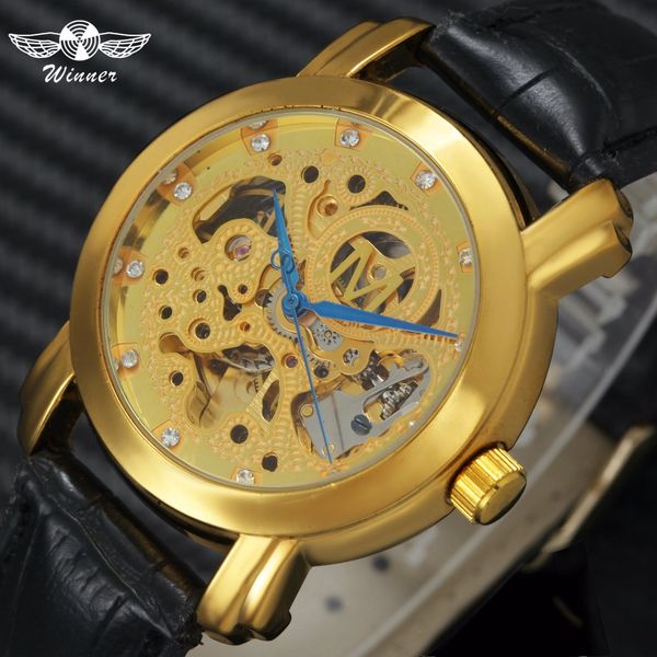 

winner royal skeleton men's automatic mechanical watches leather strap crystal decoration dial golden clock, Slivery;brown