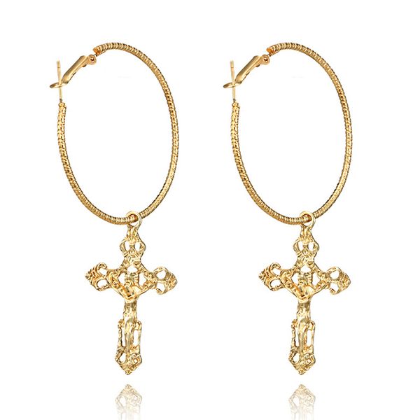 

srcoi punk hyperbole jesus big cross circle hoop earrings alloy round bohemian baroque accessories women party gold earring, Golden;silver