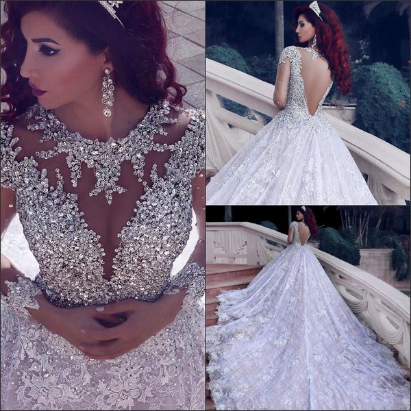 

graceful lace crystal beaded wedding dresses sheer jewel illusion long sleeves backless wedding gowns court train bridal dress, White