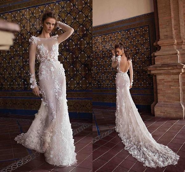 

berta new ivory wedding dresses lace 3d-flowers sheer long sleeves backless beach wedding bridal gowns court train ing, White