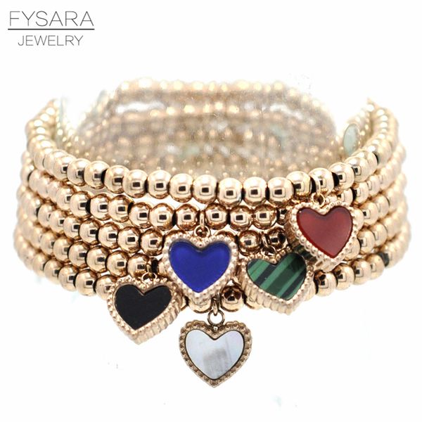 

fysara double side color heart charm stretch strand bracelets & bangles women jewelry stainless steel ball love beaded bracelets, Black