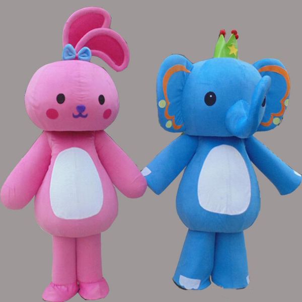 2018 Costume della mascotte dell'elefante blu sveglio di alta qualità Vestito da partito operato dal coniglio rosa Costumi di Halloween Formato adulto