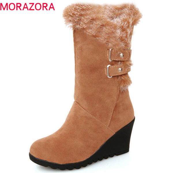 

morazora 2018 ankle boots round toe buckle winter snow boots women warm fashion wedges shoes ladies platform, Black