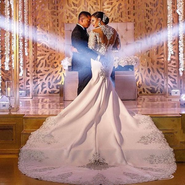 

high neck mermaid wedding dresses luxury embroidery applique beaded long sleeve bridal gowns stunning dubai covered button wedding gowns, White