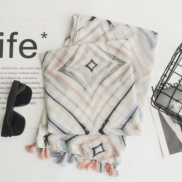

2018 fashion women geometry pattern silver foil tassel cotton scarf shawls 10pcs/lot, Blue;gray