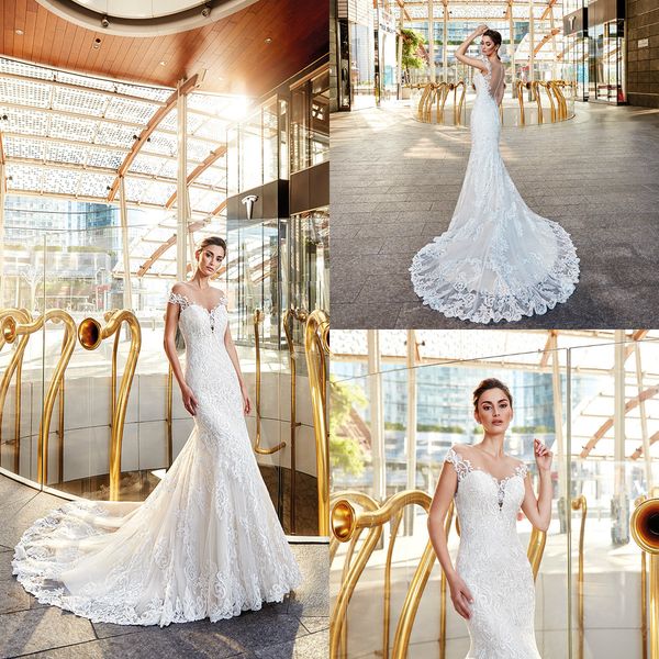 

2019 eddy k mermaid country wedding dresses off shoulder button back lace appliques sweep train beach wedding dress plus size bridal gowns, White