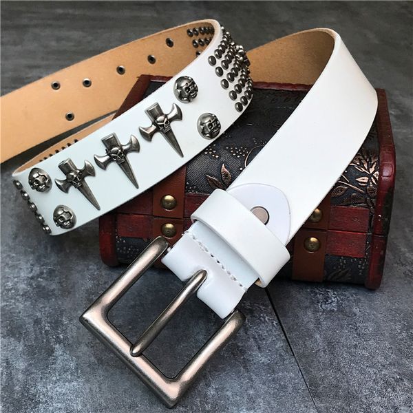 

genuine leather vintage metal skull punk men belt jeans white belt stud cowboy strap cinturon ceinture homme riem belts tbt0051, Black;brown