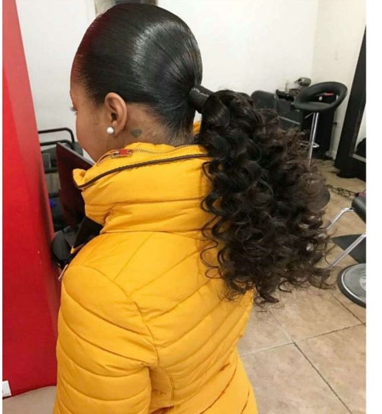 

new arrival human hair pony tail hairpiece wraps clip in brazilian virgin hair funmi curly hair extension drawstring ponytail 120g colors, Black