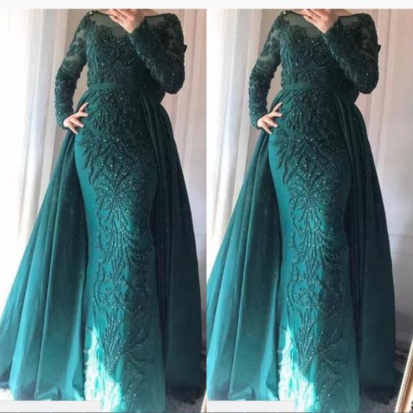 

мусульманин overskirts вечерние платья аппликации бусины с длинными рукавами пром платье оболочка sheer шеи молния назад платье партии женщи, Black;red