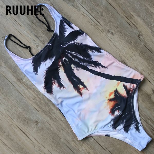 

ruuhee 2017 one piece swimsuit swimwear women sexy backless bodysuit palm printed bathing suit monokini swimming suit for women, White;black