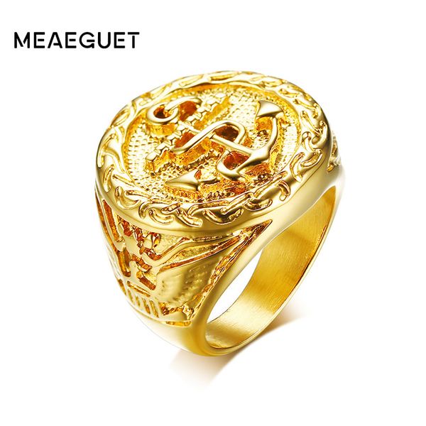 Meaeguet Vintage Eagle Pattern Anchor Ring For Men Hiphop Rock Style Gioielli da festa in acciaio inossidabile 316L color oro