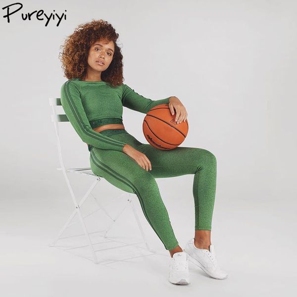 

2018 autumn women two piece sport set slim fit t-shirt navel bare crop tank long sleeve slim tights leggings sweat suits, Gray