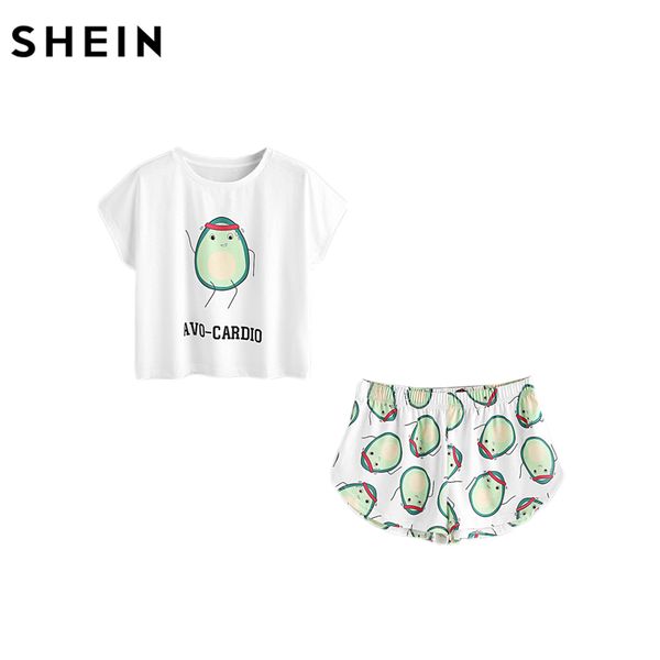 

shein casual womens two piece sets 2017 summer cartoon avocado print short sleeve tee and elastic waist shorts set, White;black