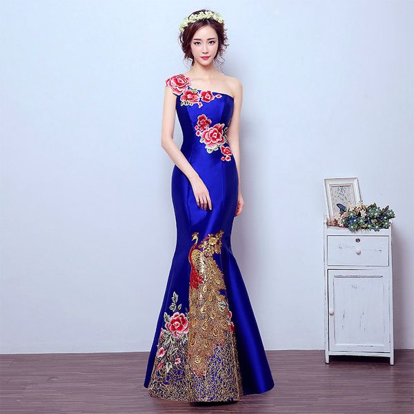 

blue mermaid tail asian style short sleeve fashion embroidery bride wedding qipao long cheongsam chinese traditional dress retro, Red