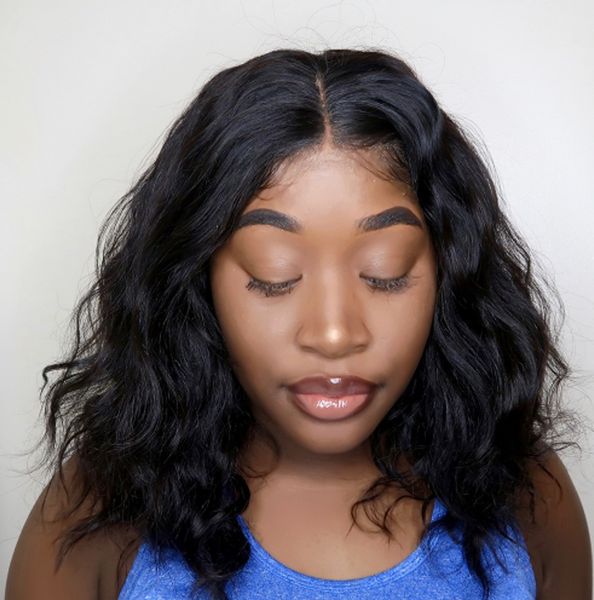 

13x4 lace front human hair wig middle part brazilian natural wave short bob wigs remy hair, Black;brown