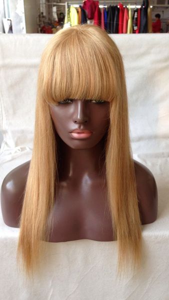 

unprocessed virgin peruvian honey blonde silk straight full lace wigs glueless human hair lace front wig with bangs baby hair, Black;brown