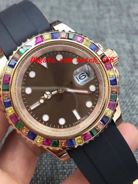 

роскошные часы розовое золото радуга алмаз 116695 новый черный резиновый браслет автоматические модные мужские часы наручные часы, Slivery;brown