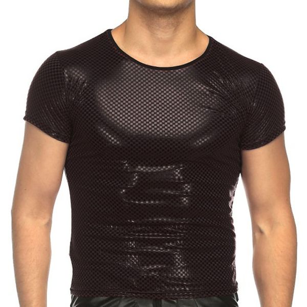 

t shirts for men patent leather fitness slim gay t-shirt tees male stage t-shirt o-neck men club clothes, White;black