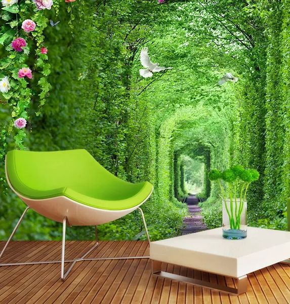 Arco personalizado corredor verde papel de parede para paredes 3D Mural papel De Parede sala de estar rosa Grande Murals Fundo home Decor