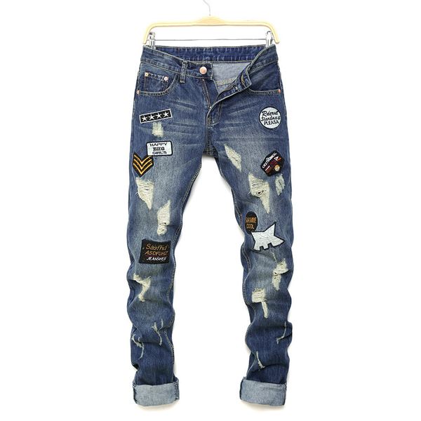 

denim biker jeans men skinny slim elastic jeans hip hop washed printing patched beggar male jeans, Blue