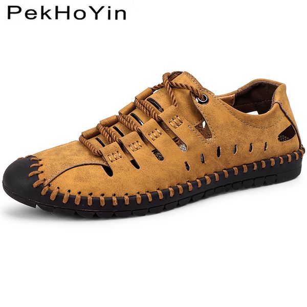 

big size leather men sandals shoes summer male water shoes rubber soft mens slippers outdoor beach closed toe, Black