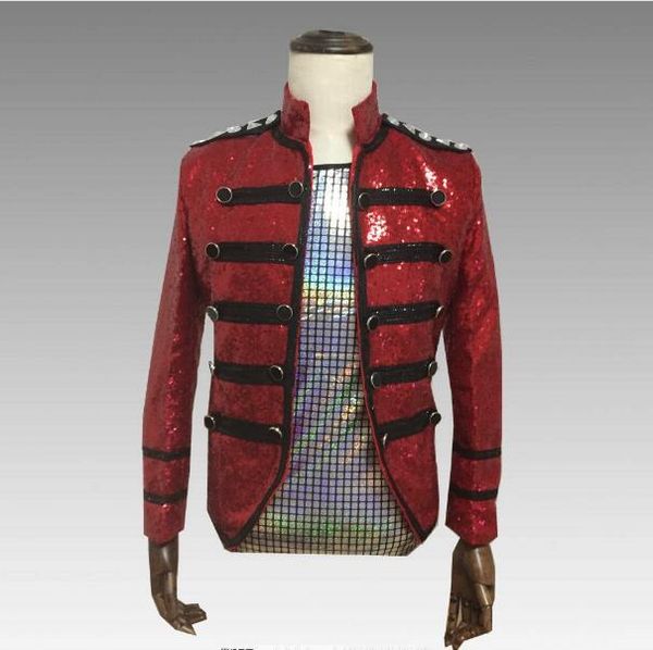 

red sparkly sequins men's jacket trendy slim outfit nightclub bar host men singer show jacket dj ds dance stage show outfit, Black;brown