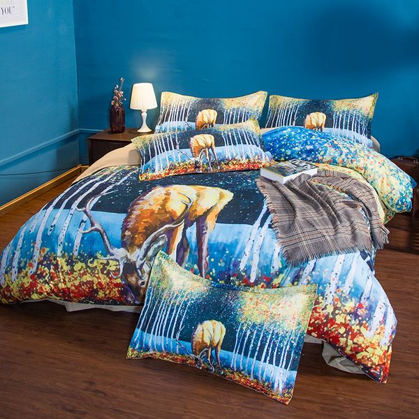 

3 pieces polyester bedding sets duvet cover the painting deer printing beddings set twin  king size in stock