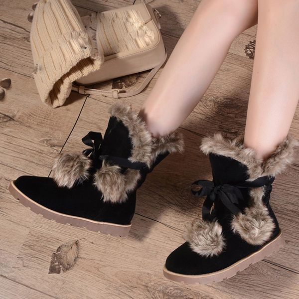 

shoes boots women winter flat cotton shoe round-toe boots non-slip keep warm middle tube snow faux fur women 2018oct31, Black