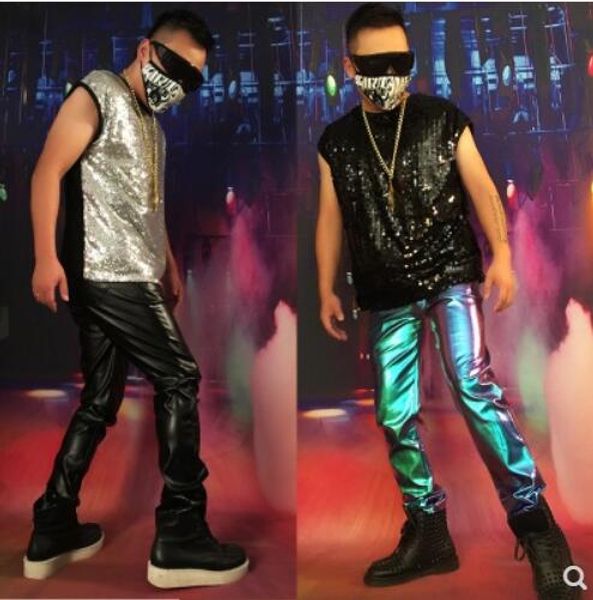 

s-5xl 2018 new nightclub men's clothing fashion singer ds dj sequined loose vest plus size male stage performance costumes, Black;white