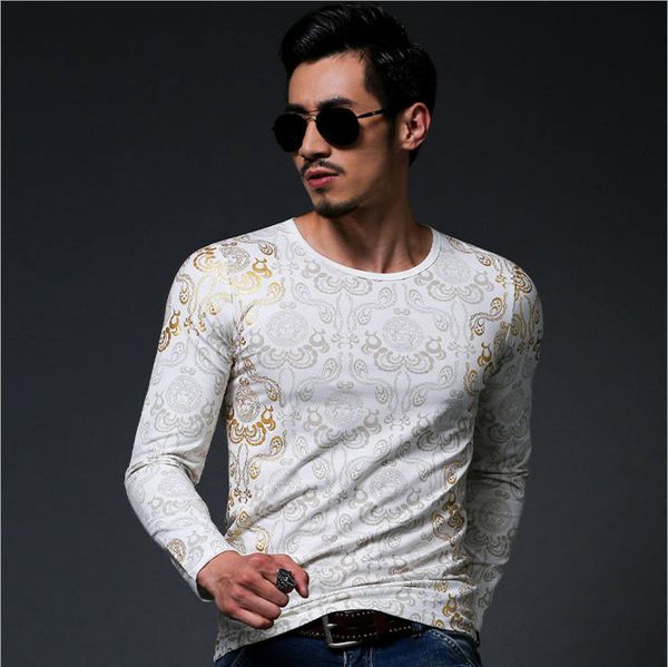

Panelled Top Fashion 3d Gold Foil T-Shirt Spring Tops Brand Men 'S Printing Long Sleeve Slim T Shirt Men Shirt Clothing Elastic Tee
