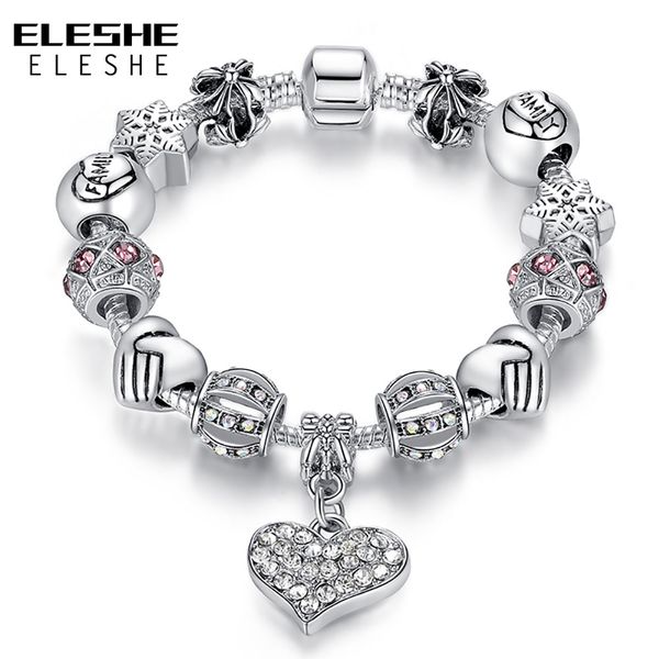 

eleshe european vintage antique silver charm bracelet with star flower heart crystal beads brand bracelet for women jewelry gift, Golden;silver