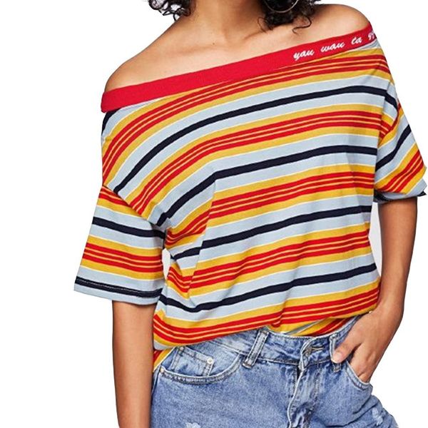 

loneyshow 2018 women striped summer t shirt slash neck off shoulder shirts for woman, White