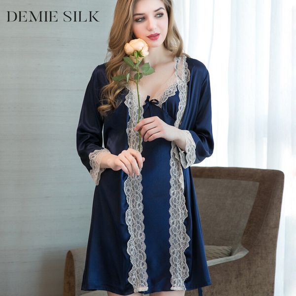 

women sleep lounge solid color imitated silk lace robe sets autumn silky fabric sleep robe sets lady lace gown 6655, Black;red