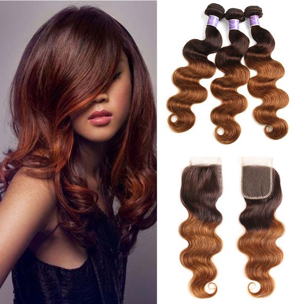 

brazilian body wave ombre human hair bundles with closure 4/30# blonde brazilian virgin wavy hair weave extensions with lace closure, Black;brown