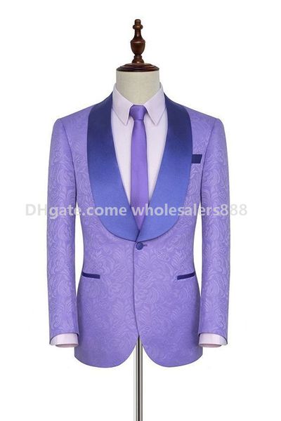 Marka Yeni Groomsmen Lavanta Desen Damat Smokin Şal Saten Yaka Erkekler Suits Yan Vent Düğün / Balo İyi Adam (Ceket + Pantolon + Kravat) K972