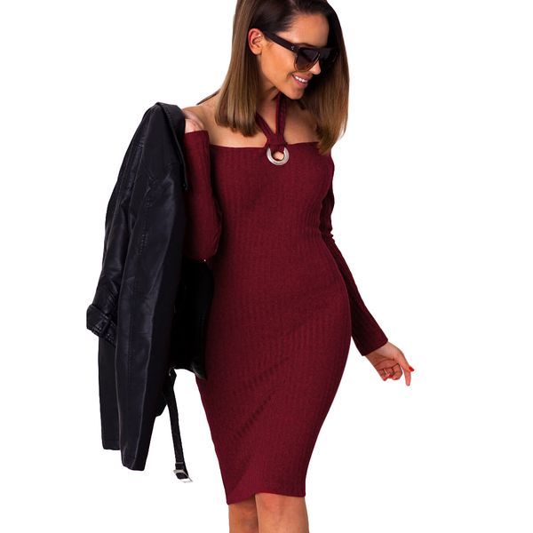 

women off shoulder dress winter spring halter long sleeve slim dress bodycon elegant ladies solid party club, White;black