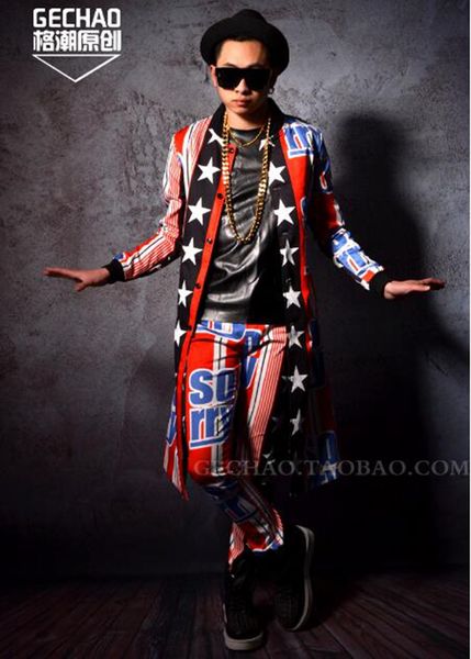 

han edition individuality dance suit men's fashion new host salon bar singer stage costumes baseball suit pentagram pattern m - 2 xl, Black;red